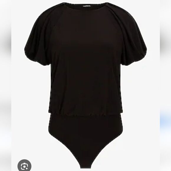 Express Crew Neck Puff Sleeve Riched Black Bodysuit Top, LIKE NEW, M - Picture 2 of 5